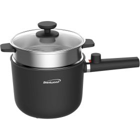 Brentwood 1.5 Liter Multi-Function Electric Hot Pot Cooker in Black with Ceramic Non-Stick Coating and Stainless-Steel Food Steamer