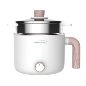 Brentwood 1.5 Liter Multi-Function Electric Hot Pot Cooker in White with Ceramic Non-Stick Ceramic Coating and Stainless-Steel Food Steamer
