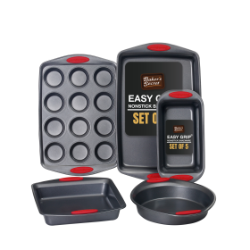 Baker's Secret Bakeware Sets - Baking Pans Set with Grip (Color: Dark Grey with Red heat handles)
