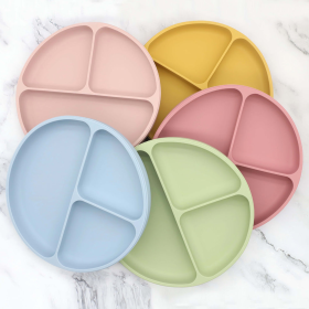 Baby Silicone Round Sucker Compartment Dinner Plate With Spoon Fork Sets (Color: Pink, size: Average Size (0-8Y))