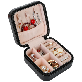 Mini Jewelry Storage Box Portable Ring Earring Necklace Storage Travel Case (Color: Black)