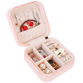 Mini Jewelry Storage Box Portable Ring Earring Necklace Storage Travel Case (Color: Pink)