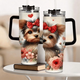 1pc Cute Bow Yorkshire Terrier Tumbler, Floral Printed Stainless Steel Car Cup, Adorable Pet Water Bottle for Dog Lovers, Portable Girly Travel M (Capacity: 40oz, Color: Black)